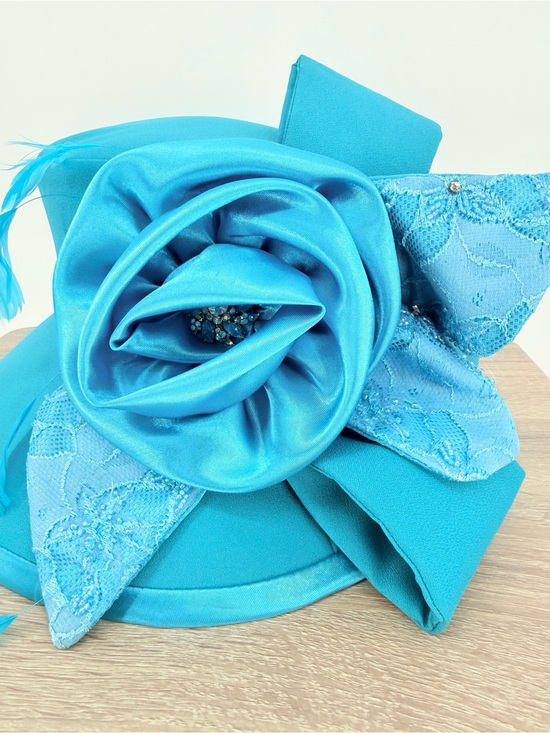 Studio B Blue Opening Day Derby Hat Rose Lace Feather Race Day Church Statement main image 6